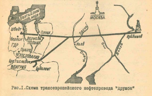 A rough sketch of the original Druzhba pipeline network as developed in the early 1960s. The network would be significantly extended the following decade. Urlov, A. V. Transevropeskii nefteprovod ‘Druzhba’: Iz opyta stroiltelstva uchastka Brody-Uzhgorod. Moscow: VIINST Glavgaz, 1962